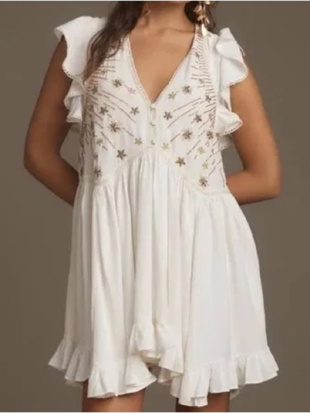 By Anthropologie V-Neck Sequin Deco Swing Dress Ivory XXS
